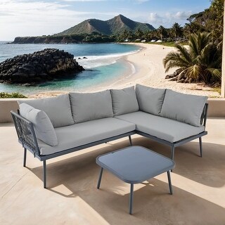 3PCS Patio L-Shaped Rattan Sofa Set with Cushions and Glass Table, Gray ...