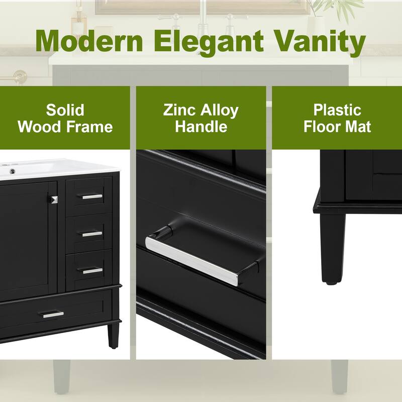 GDFStudio - Lumia Transitional Space Saving Freestanding Bathroom Vanity Cabinet with Ceramic Sink and Soft Close Storage