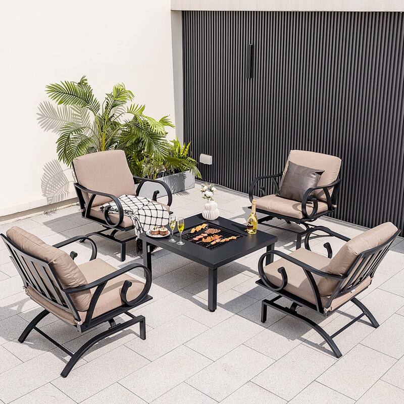 5 PCS Patio Dining Set Heavy-Duty Rocking Chairs w/ Fire Pit Table