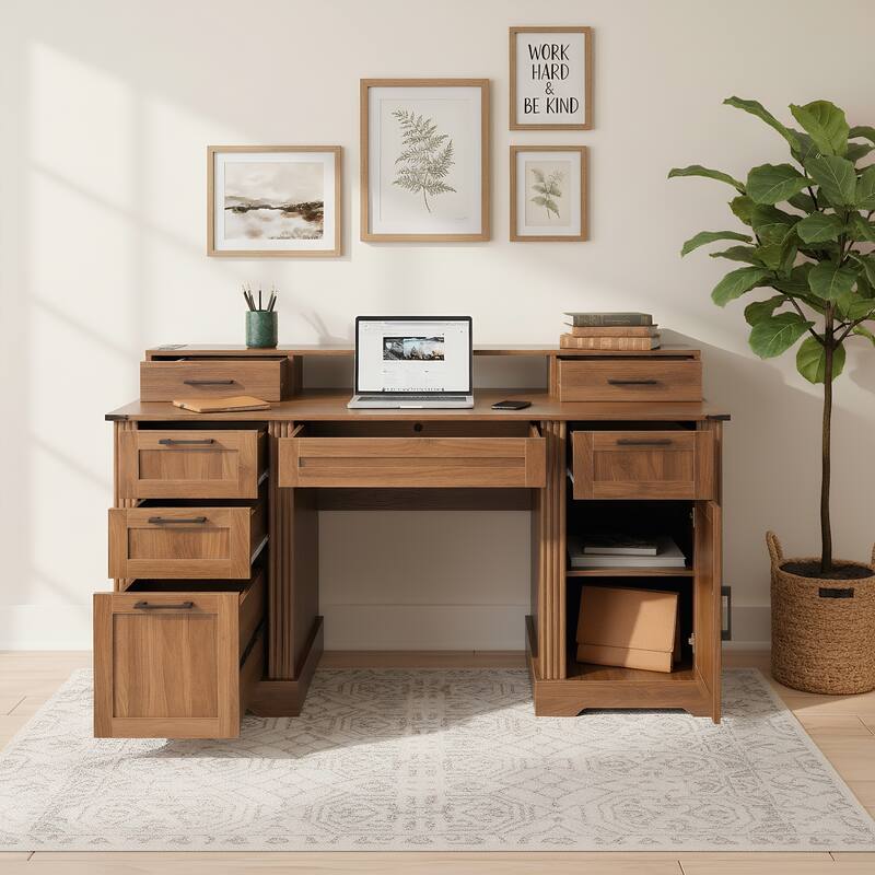 59" Executive Desk with Drawers, Farmhouse Home Office Desk Wood Computer Desk with Charging Station, Keyboard Tray