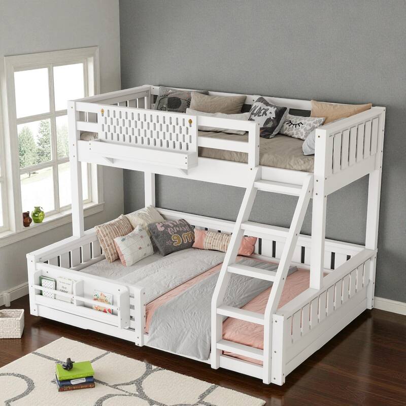 Twin XL over Queen Bunk Bed with Ladder, Guardrails, Pegboard Storage and Built-in Bookshelf, Solid Wood Frame