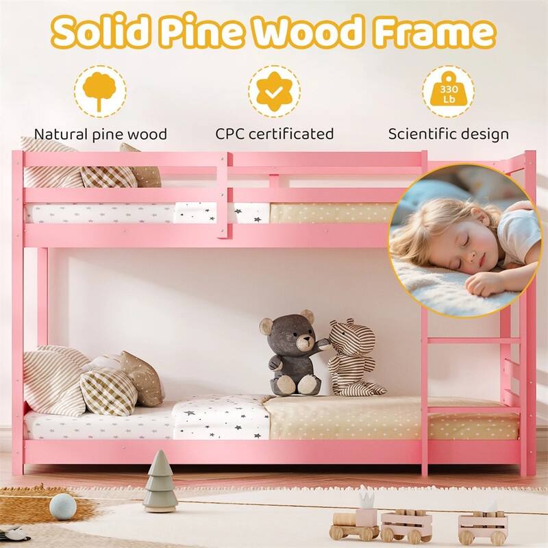 Kids Low Floor Bunk Bed Twin Over Twin With Guard Rails And Stairs