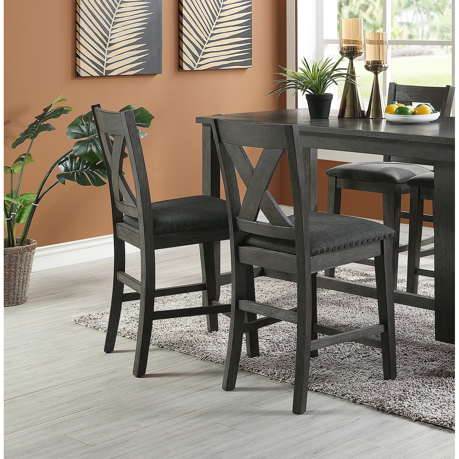 Modern Dining Room Furniture Chairs Set of 2 Counter Height Chairs Wooden High Chair X Back Design Cushion Seat