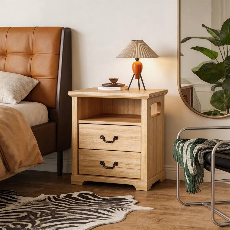 Rustic Natural Nightstands with Open Shelf and 2 Drawers