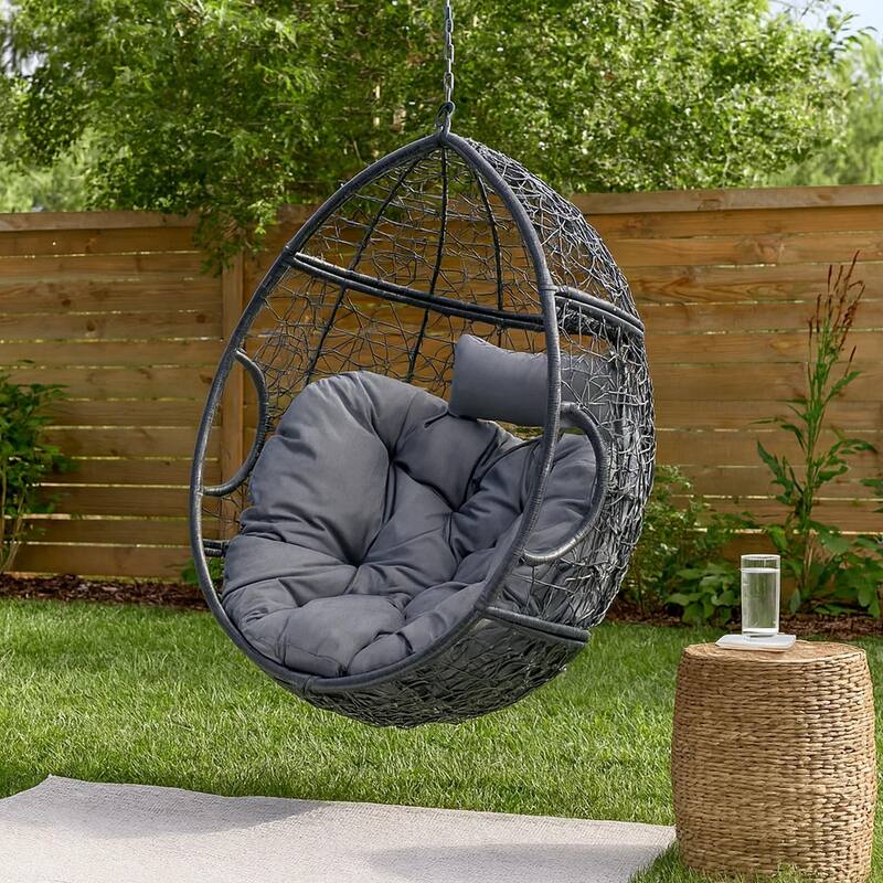 Keline Hanging Swing Lounge Chair, Gray Faux Rattan, Cushions, 49 Inch