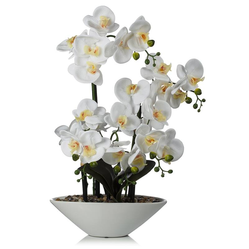 Enova Home 24" High Quality Artificial Real Touch Orchids Fake Silk Flower in White Ceramic Pot for Home Wedding Decoration