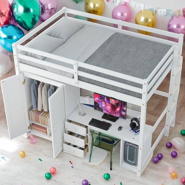 slide 2 of 18, Kids and Baby Full Size Loft Bed with Wardrobe,Desk and Storage Drawers For Home White