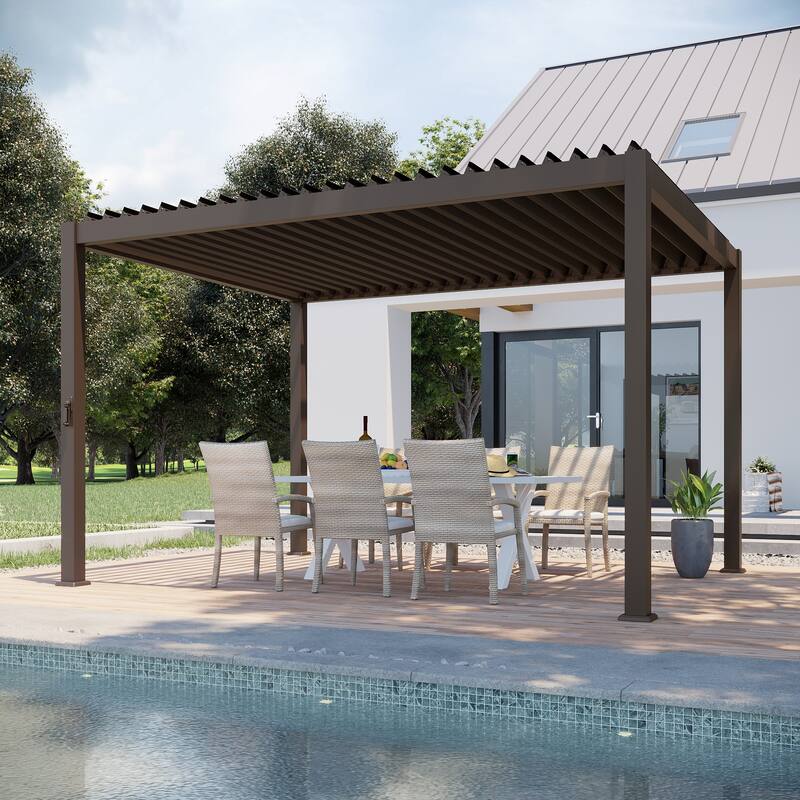 BONOSUKI Outdoor Aluminized Steel Louvered Pergola with Adjustable Roof, Brown
