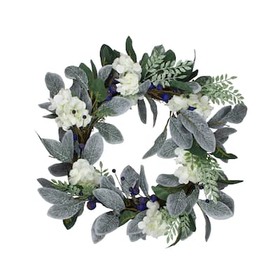 Iced Hydrangeas Blueberries Artificial Christmas Wreath - Unlit 26"