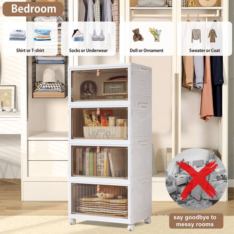 4 Tier Plastic Storage Bins Stackable Storage Containers with Wheels Folding Storage Boxes Closet Organizers - 3-Tier