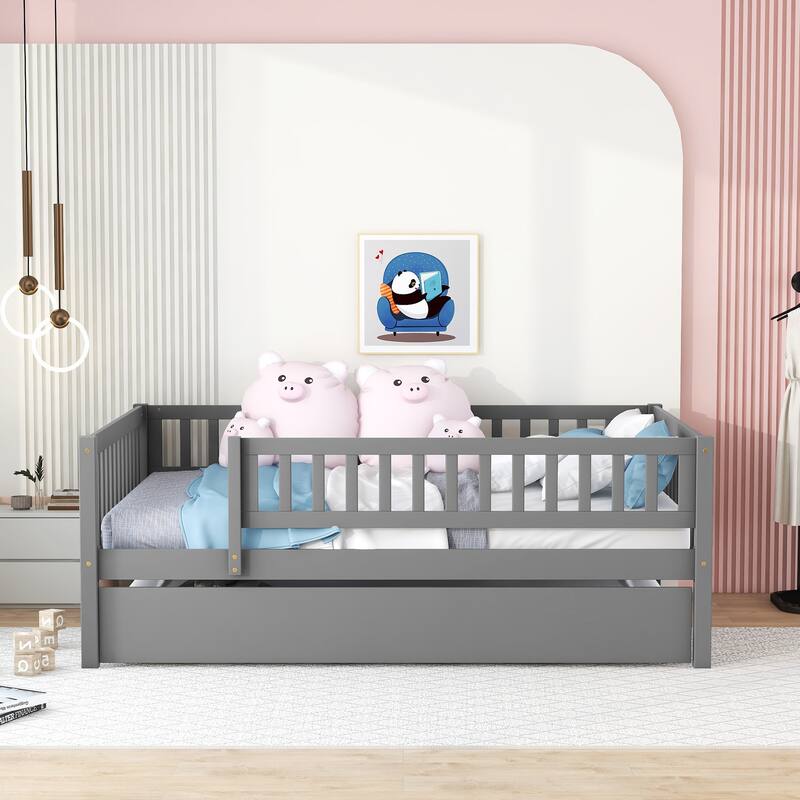Full Size Wood Daybed with Trundle and Fence Guardrails, Space-Saving Design - Gray