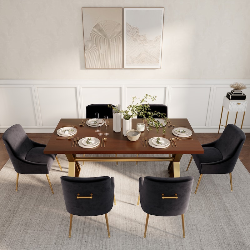 7-Piece Clihome Walut Wood Table with Velvet Chair Dining Chair