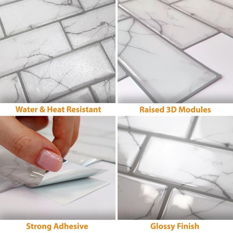 Walplus White Marble 3D Metro Peel and Stick Backsplash Tile Stickers