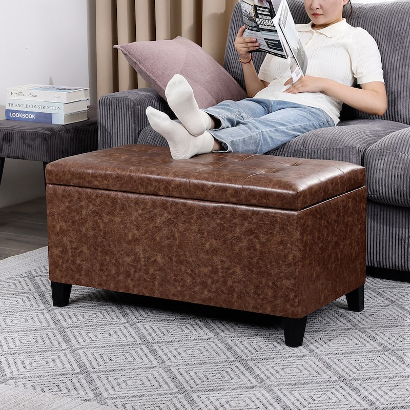 Adeco Rectangular Storage Ottoman Faux Leather Bench Lift-top Footrest