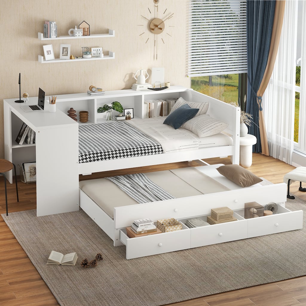 Roomfitters Twin/Full Size Wood Daybed with Trundle, Storage Drawers, Side Shelves & Built-in Desk, No Box Spring Needed