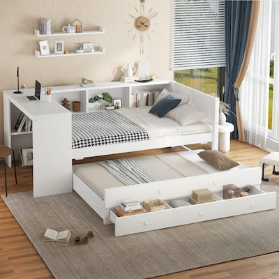Twin Size Daybed with Trundle, Wood Day Bed Frame with Storage Drawers and Side Shelves, Daybed with Desk, No Spring Box Needed