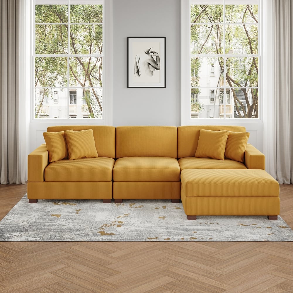 Ella 82" W/ 118" W Corduroy Modular Sectional Sofa with Ottoman