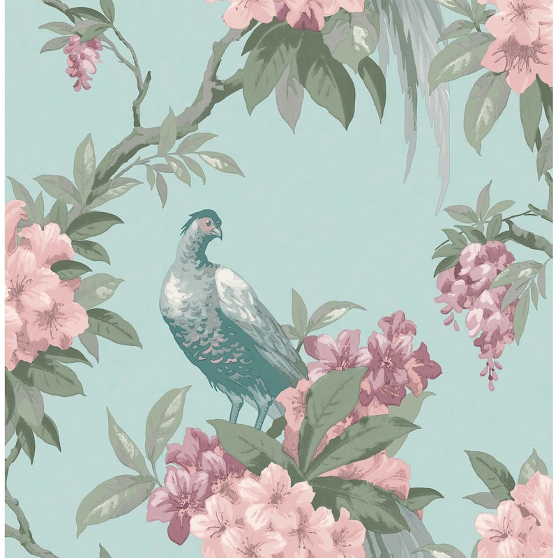 Brewster Golden Pheasant Aqua Floral Wallpaper