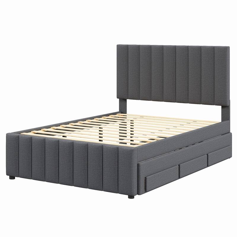 Linen Fabric Upholstered Platform Bed with Trundle and 3 Drawers