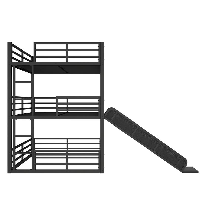 Twin/Twin/Full Triple Bunk Bed with Slide - Metal Frame, Safety Guardrails, Noise-Reduced (Black)