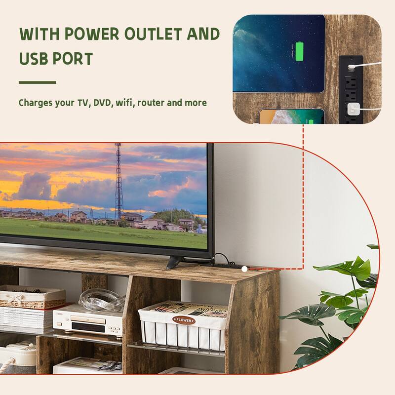 VECELO TV Stand with LED Light, Industrial Entertainment Center with 7 Open Storage