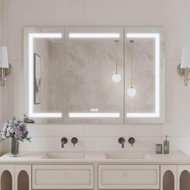 Rectangular Aluminum Recessed/Surface Mount Frameless Anti-Fog Medicine Cabinet with Dimmable LED Lights