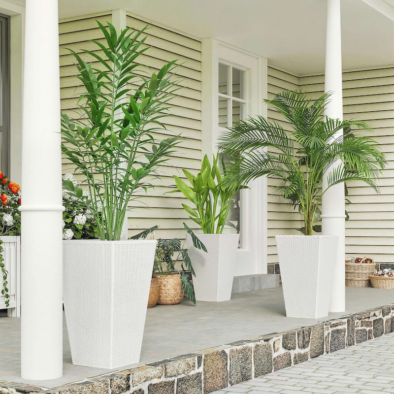 Outsunny Tall Planters for Outdoor Plants Set of 3, 24 In Taper Planters with Drainage Holes, Rattan Decor Plant Pots - White