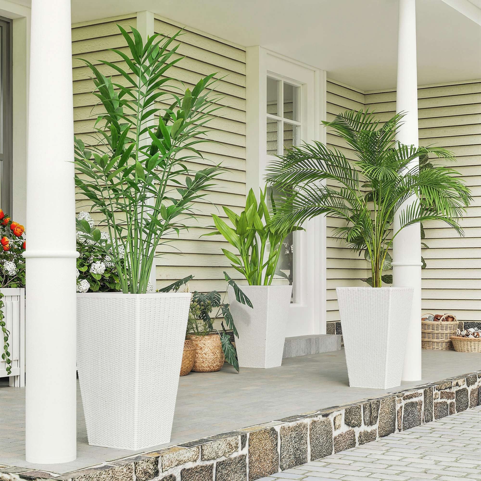 Outsunny Tall Planters for Outdoor Plants Set of 3, 24 In Taper Planters with Drainage Holes, Rattan Decor Plant Pots