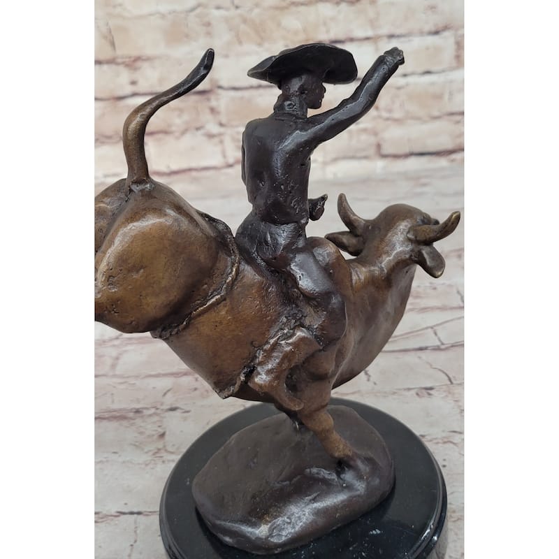 Rodeo Bull Rider Cowboy Bronze Statue Sculpture Marble Base Western Decor 9 Inches X 9 Inches