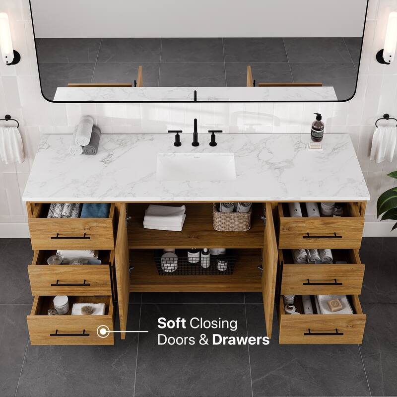 Graham 60"W Oak SS Bath Vanity with WH Arabescato Engineered Stone Top