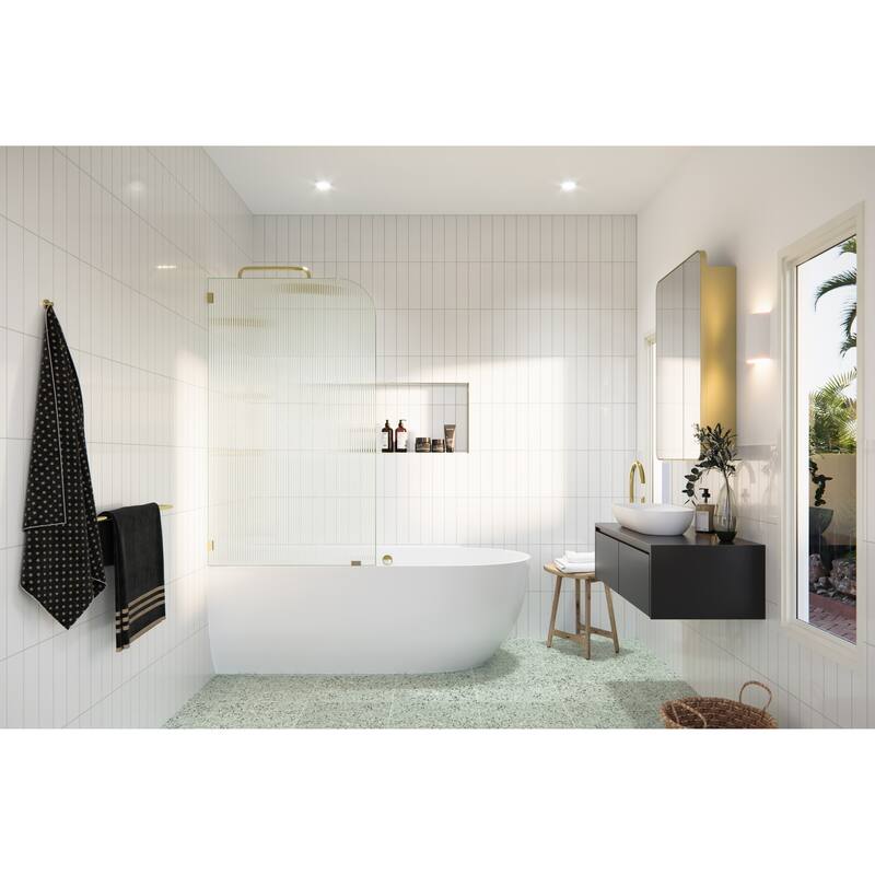 Aurora 58.25 in. x 30 in. Frameless Bath Shower Door - Single Fixed Panel Fluted Frosted Radius Left Hand