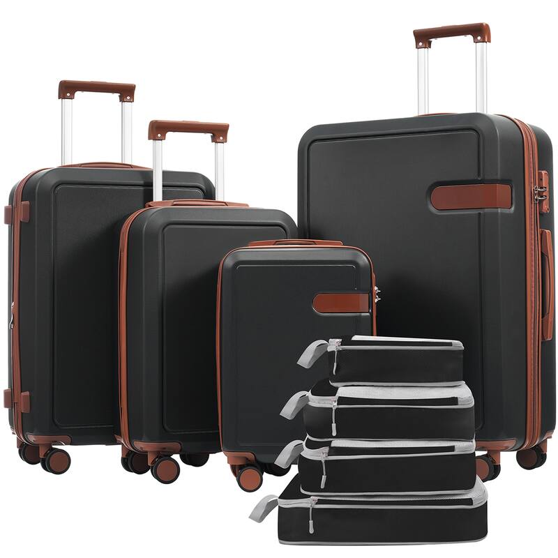 4 Piece ABS Expanable Spinner Wheels Lightweight Luggage Set w/TSA Lock and Compression Packing Cubes - Brown+Black