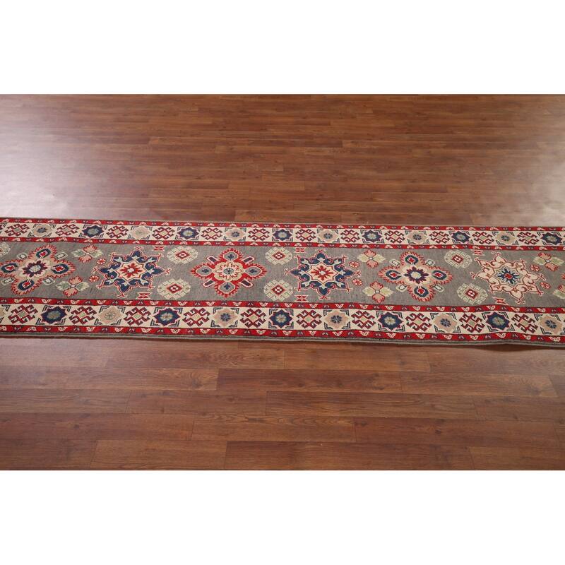 Geometric Kazak Runner Rug Hand-Knotted Oriental Grey Wool Carpet - 2'2" x 19'2"