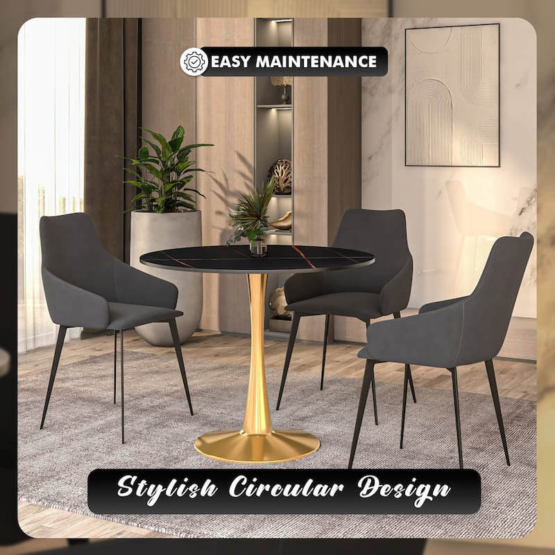 Bristol 31" Round Dining Table for 4 with Sintered Stone Tabletop in Gold Steel Base for Kitchen & Dining Room