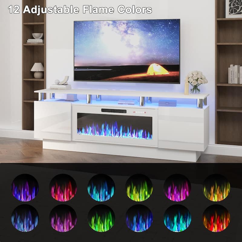 BOSSIN 70" Modern Electric Fireplace TV Stand, with Electronic Flame and LED Lights, High Gloss Finish Entertainment Center