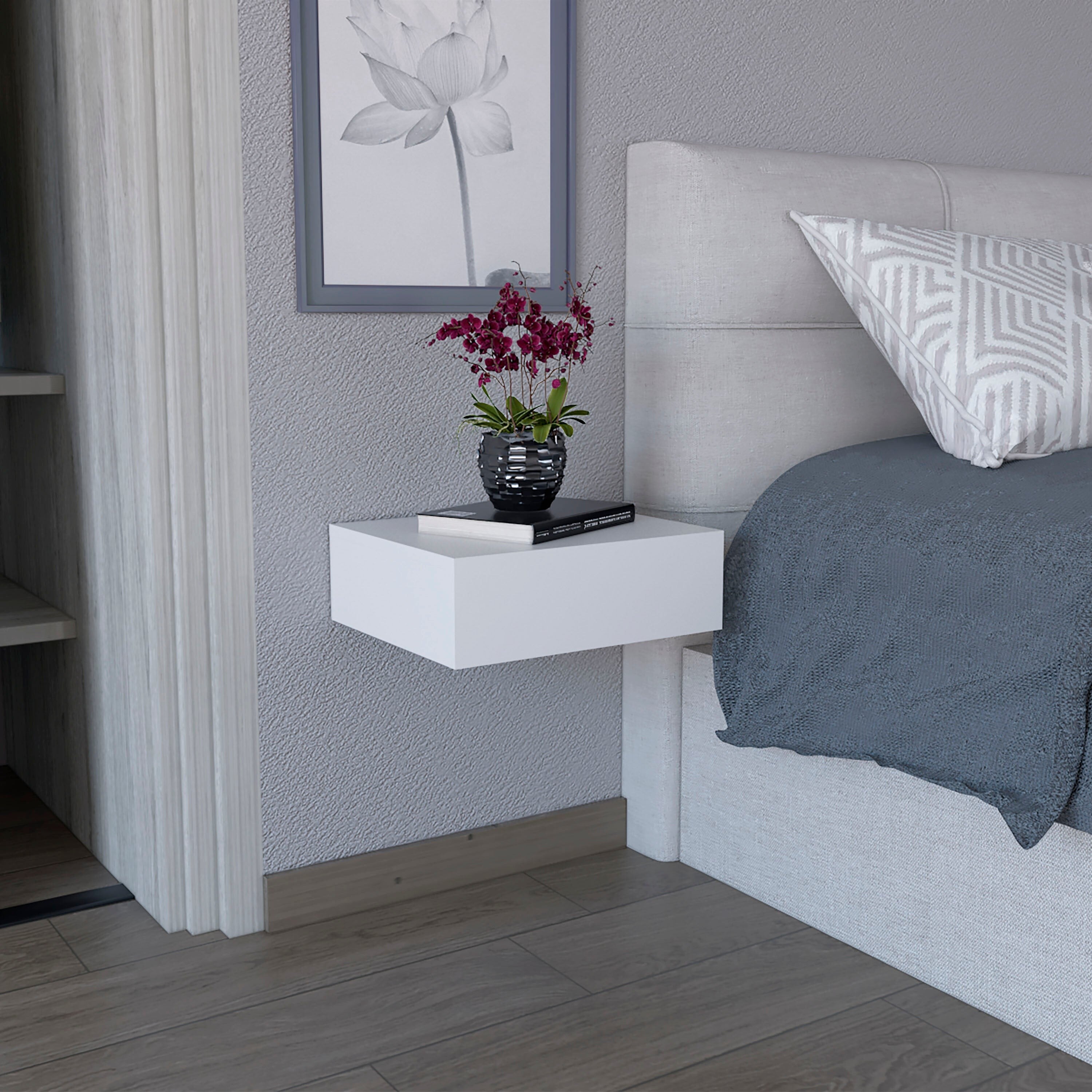 Wall-Mounted Floating Nightstand with Drawer, White, Space-Saving Design - White