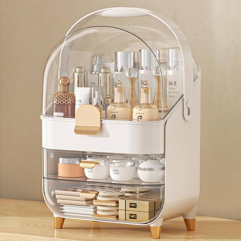 Makeup Skincare Holder Bathroom Counter Storage Box Cosmetic Display Cases - 11.7"D x 11.7"W x 15.6"H - Rose Gold