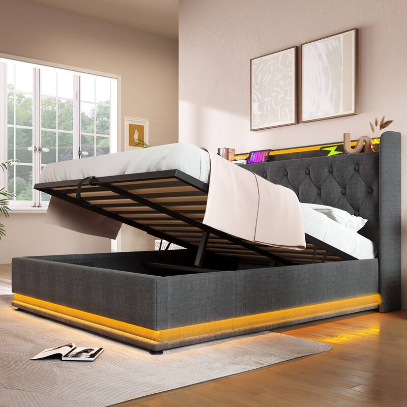 Gray Queen Size Upholstered Platform Bed with 360 LED Function and USB-C Charging
