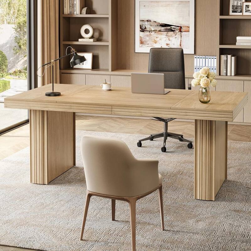 63" Executive Desk, Modern Office Desk with Thickened Desktop and Sturdy Base - Light Brown