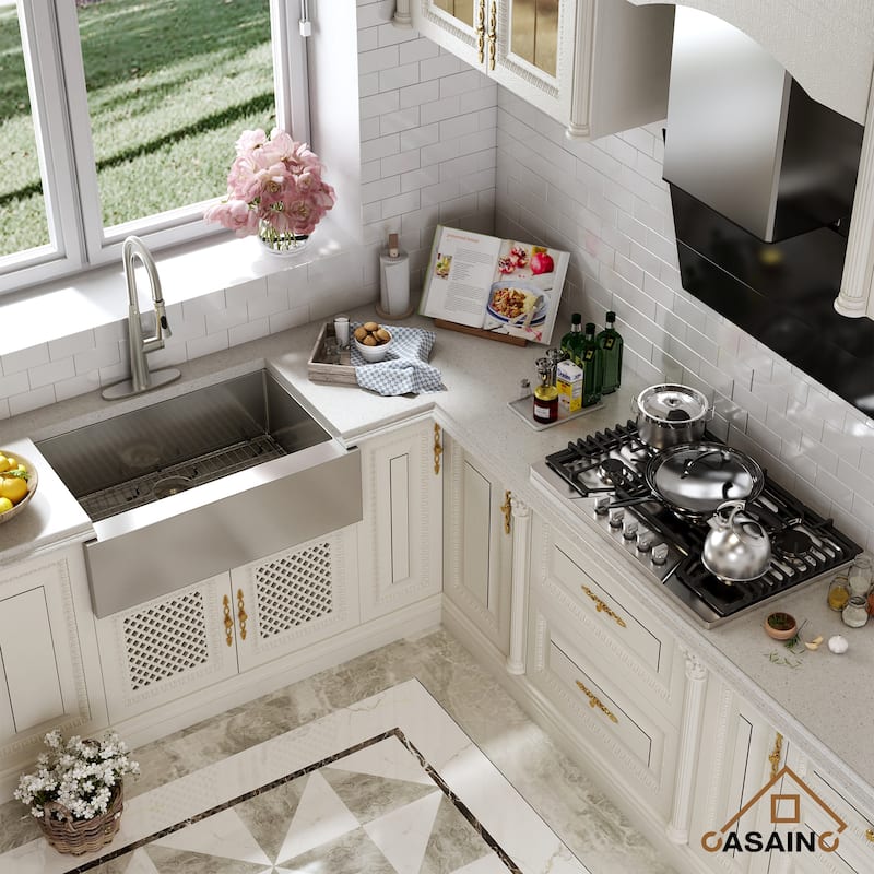 All-in-one Handmade 33 in. Stainless Steel Farmhouse/Apron-Front Kitchen Sink with Faucet, Bottom Grid, and Basket Strainer
