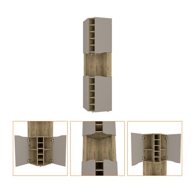 HomeRoots 72" Brown and Taupe Wood Corner Bar Cabinet With Four Doors