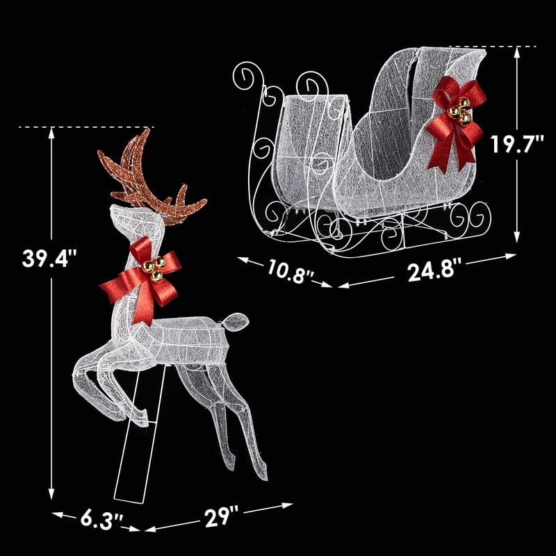 3-Piece Set of 2 Reindeer & Sleigh with Pre-lit 270 LED White Lights Christmas Decoration