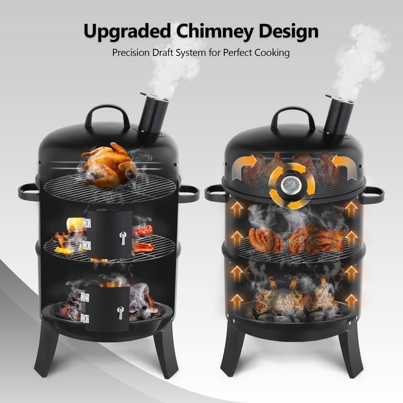 16.5 In. Vertical Charcoal Smoker Charcoal Grill In Black With Thermometer - N/A