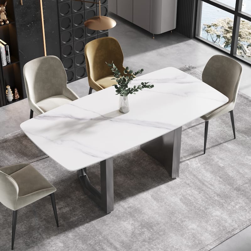Modern Dining Table, White Sintered Stone Tabletop Rectangular Dining Table with Carbon Steel Base - N/A - white&gray