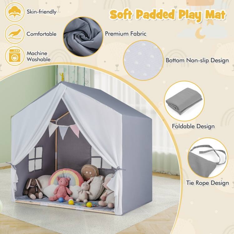 Kid's Play Tent with Washable Cotton Mat and Flag Banner - 52" x 36" x 51.5" (L x W x H)