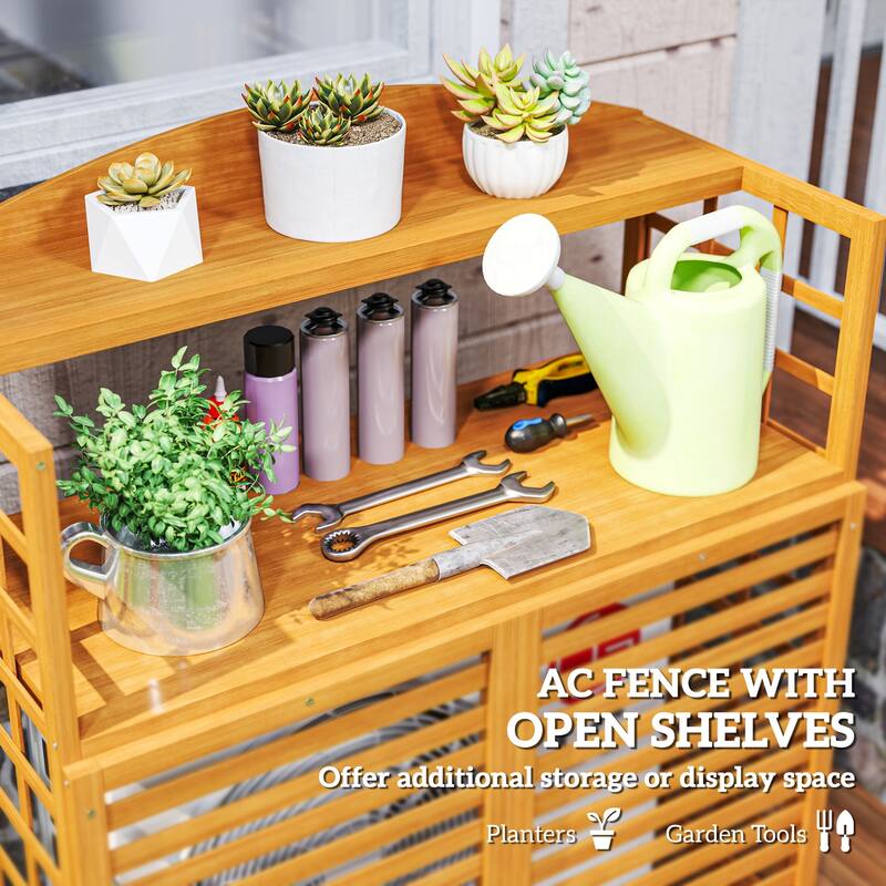 Light Brown Fir Wood Air Conditioner Fence with Elevated Base and Open Shelves for Garden Accessories