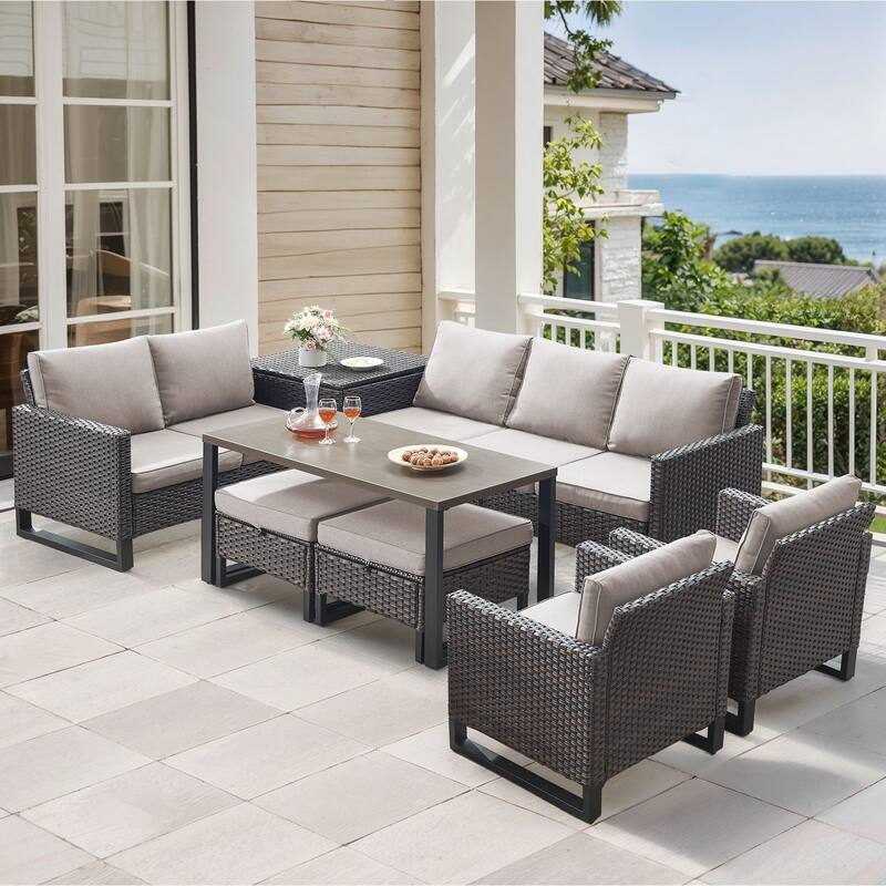 Gymojoy 7-9 Person Outdoor Patio Wicker Conversation Set Group With Armchairs And Ottomans