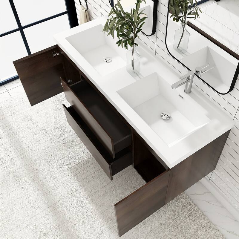 MDF Wall-Mounted Bathroom Vanity Set in Grey Oak with Integrated Culture Marble Sink