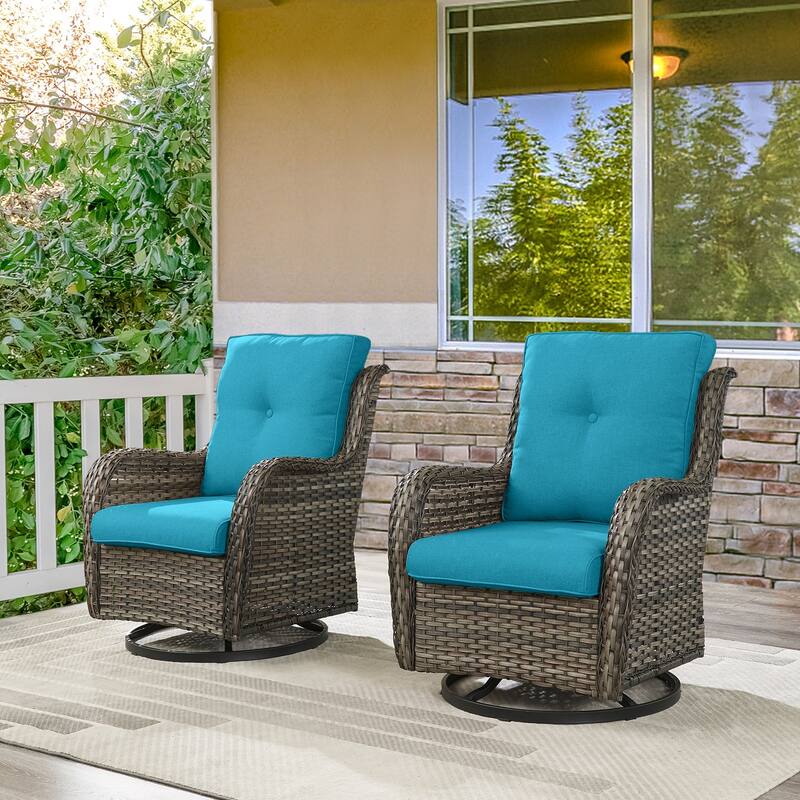 ArcoBay Wicker PE Rattan Outdoor Patio Swivel Glider Chairs with 4'' Olefin Cushions (2-Pack) - Gray Wicker - Light Blue