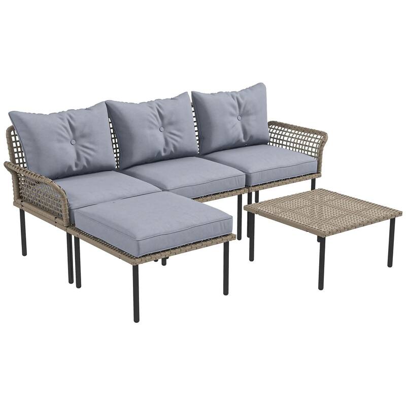 5PCS PE Rattan Patio Set, Sofa Chaise Coffee Table, White Weatherproof